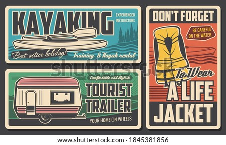 Camp hiking and kayaking, mountain camping travel, forest nature and outdoor summer adventure, vector vintage posters. Park wild trekking expedition, lake or river kayak sport and tourist van trailer