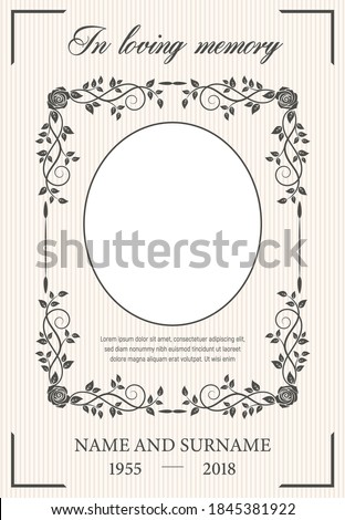 Funeral card vector template with oval frame for photo, condolence rose flowers, leaves flourishes, place for name, birth and death dates. Obituary memorial, funereal card, in loving memory typography Royalty-Free Stock Photo #1845381922