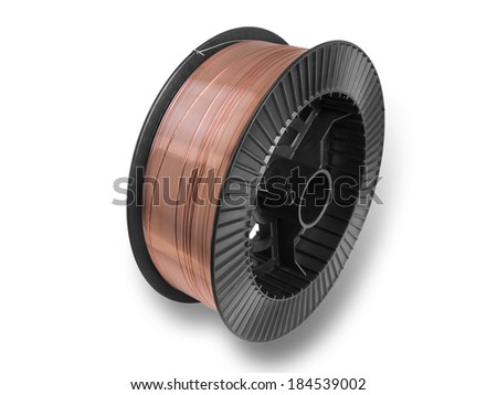 Copper wire on spool, isolated on white backgrounds, with clipping paths  Royalty-Free Stock Photo #184539002