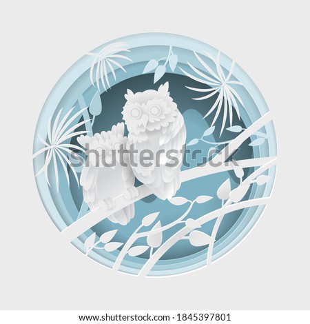 Owls perching on a branch in decorative round Frame .Paper art Vector illustration.