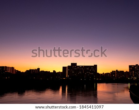 Sumida River and skyline at dusk in Tokyo