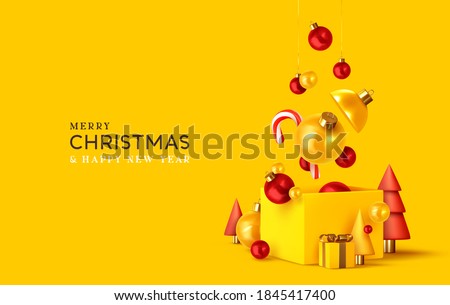 Merry Christmas and Happy New Year. Xmas design realistic abstract 3d objects. Gift box, bright bauble balls hanging from ribbon, conical pine tree, spruce, Soft yellow-red colors. vector illustration