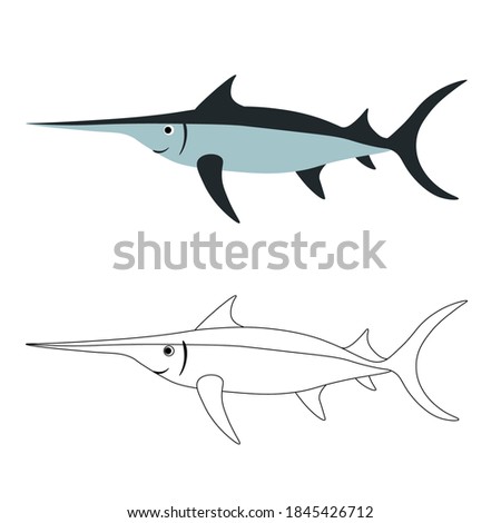 Cute sea fish sword isolated on white background. Marine animals in outline and flat style. Cartoon wildlife for web pages.
Stock vector illustration for decor and design, textiles, books, magazines