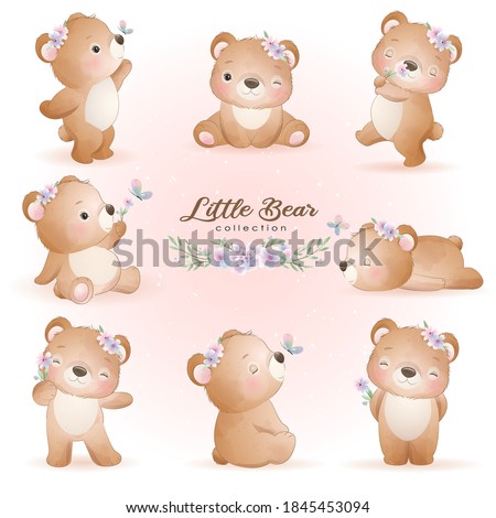 Cute doodle bear poses with floral set illustration