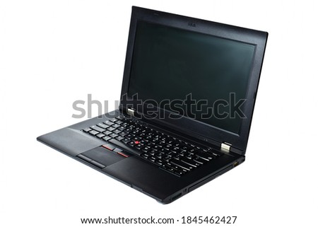 black laptop with CD with space on the screen for text or pictures. isolated on white background. high technology office work concept. copy space.