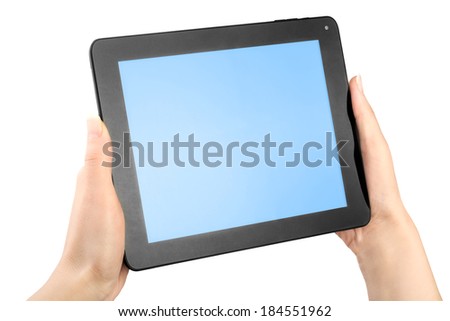 Hands holding a tablet isolated on white