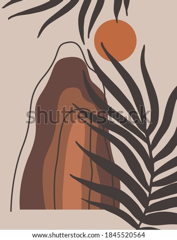 Terracotta sunset mountain landscape with tropical leaves. Modern boho decor wallpaper. Minimal asian landscape nature for print, home decor, digital art. Vector mid century style illustration