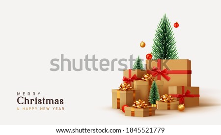 Christmas gifts festive realistic 3d objects. Xmas decorative composition. Gift card, holiday banner, poster, cover, flyer, bright brochure. Holiday winter design. New Year gifts surprise