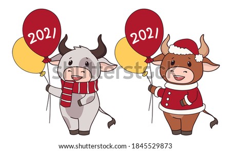 Set of two cartoon cow wearing Christmas costume and holding balloons. Hand drawn vector illustration for greeting cards. 
