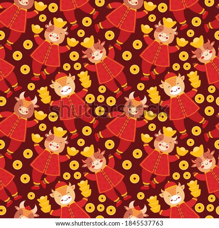 Chinese new year 2021 ox. Seamless pattern cute baby bulls in traditional red Chinese clothes with gold coins and bars. Orient zodiac fortune symbol. Hand drawn animal holidays cartoon character