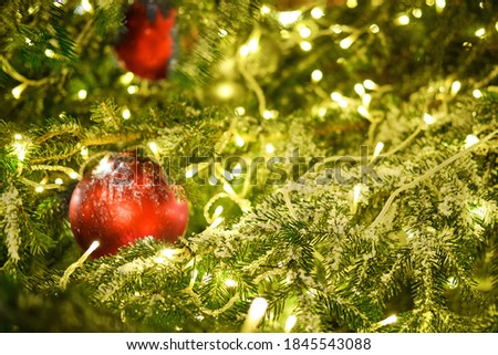 Balls on a snow-covered branch as a decoration for the celebration of the new year. Winter christmas tree with bauble