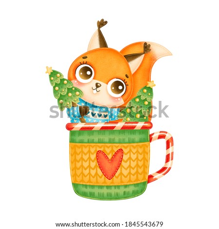 Illustration of cute cartoon christmas squirrel wearing blue sweater with christmas tree in a tea mug on white background