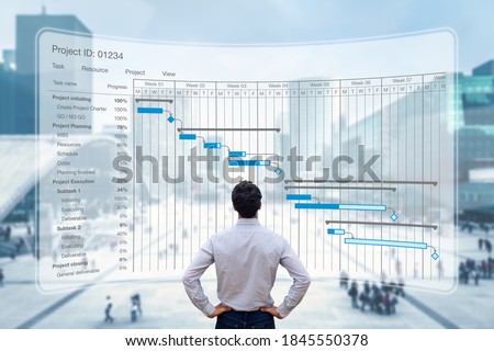 Project manager working with Gantt chart planning schedule, tracking milestones and deliverables and updating tasks progress, scheduling and management skills, program strategy
