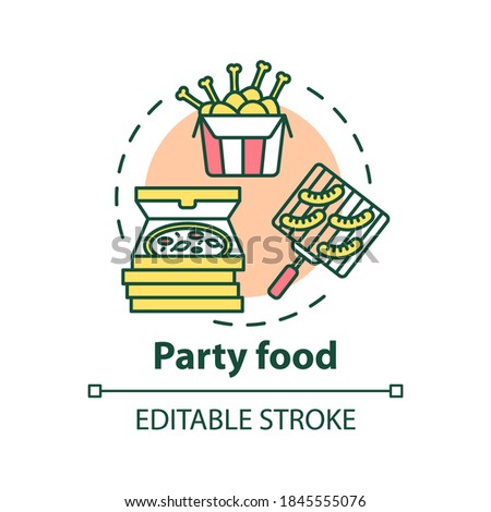 Party menu concept icon. Large amounts of tasty food. Big company meal offers. Fast food menu idea thin line illustration. Vector isolated outline RGB color drawing. Editable stroke