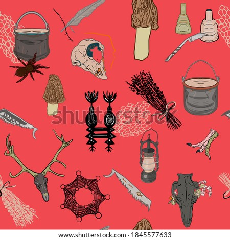 Seamless illustration of magic items. Mystical, neat pattern: template for designers, tattoos, prints on textiles, packaging, postcards
