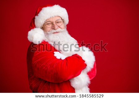 Turned photo of crazy dream santa claus cross hands x-mas christmas party wear red costume isolated over bright shine color background
