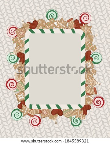 Christmas frame template with traditional holiday decor. Blank holiday frame decorated with sweets and ginger cookies. 