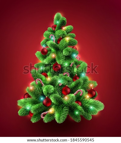 3d render, decorated Christmas tree. Evergreen spruce twigs with festive ornaments and colorful lights, seasonal clip art isolated on red background. Greeting card