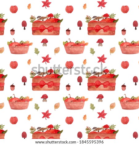 Autumn watercolor seamless pattern. Basket of ripe fruits, mushrooms, apples and pumpkins illustration. Fall colorful leaves. Scrapbook deocrative clipart. Art wallpaper for Thanksgiving celebration. 