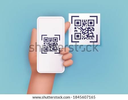 Hand holding mobile smart phone with scan QR code. Scanning qr code and online payment, money transfer. Electronic , digital technology, barcode. Vector illustration.