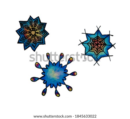 Blue snowflakes of different shapes. High quality illustration. Beautiful collection with snowflake on white background for celebration design. Winter snowdrift background. Xmas celebration.