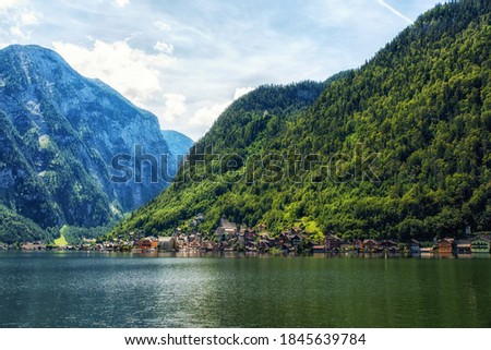 Scenic panoramic picture-postcard view of famous Hallstatt mountain village with Hallstatter See in the Austrian Alps Salzkammergut, Austria