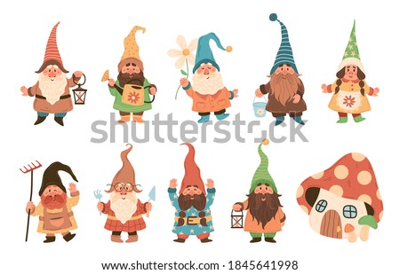 Gnome characters. Cute festive dwarfs with different attributes decoration yard collection, funny xmas fairy tale gnomes with lanterns and garden tools in hats colorful cartoon vector isolated set