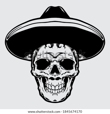 black and white skull with sombrero mexican hat hand drawn illustration