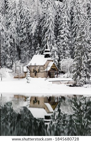 Lake Braies in the Dolomites in winter