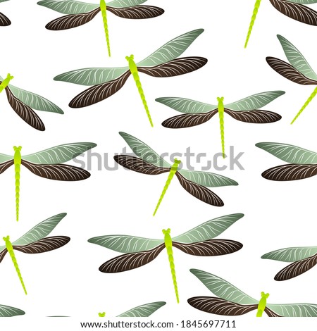 Dragonfly charming seamless pattern. Spring dress textile print with darning-needle insects. Isolated water dragonfly vector wallpaper. Nature creatures seamless. Damselfly silhouettes.