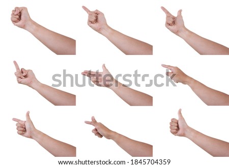  Male asian hand gestures isolated over the white background. Pointing Pose Action.