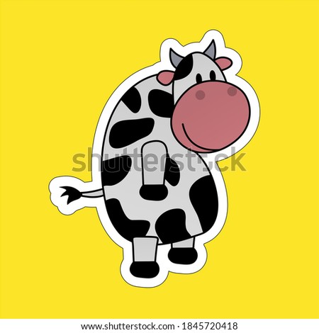Sticker of Cow Stands While Smiling Cartoon, Cute Funny Character, Flat Design