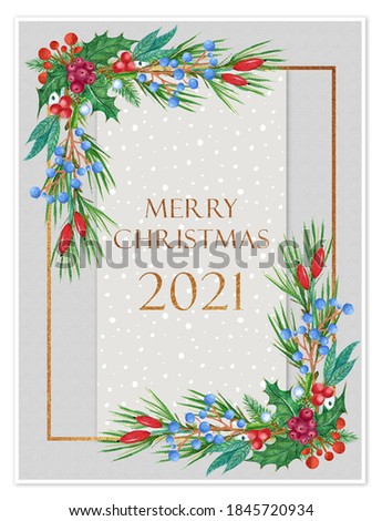 Christmas gold frame of holly leaves, red and blue berries, cones and spruce. Botanical illustration for card, invitation, poster