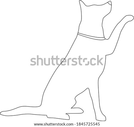Dog gives a paw on a white background, vector line-art illustration.