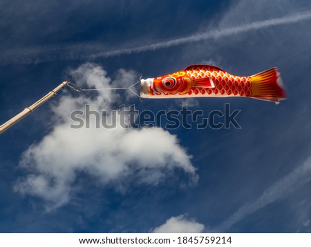 beautiful koi carp windsock with a blue, cloudy sky as a background. Copy space for your design. Web banner.