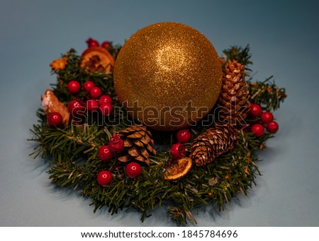 New year and Christmas Background. Red glitter  Ball toys on festive background with spruce Christmas tree, light bokeh and Blur Christmas tree. Concept for gift card, Sale card, or profile picture