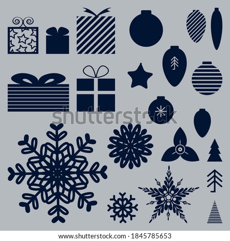 Clip-art from vector illustrations on the theme of christmas and new year. Christmas gifts, Christmas ornament balls, fir trees and snowflakes