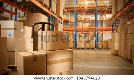 Big Retail Warehouse full of Shelves with Goods Stored on Manual Pallet Truck in Cardboard Boxes and Packages. Forklift Driving in Background. Logistics and Distribution Facility for Product Delivery Royalty-Free Stock Photo #1845794623