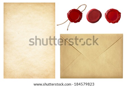 vintage postal set: old mail envelope, blank letter paper and red wax seal stamps isolated on white