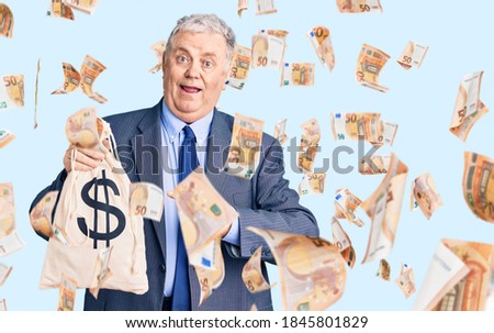 Senior grey-haired man wearing business suit holding money bag with dollar symbol smiling happy pointing with hand and finger