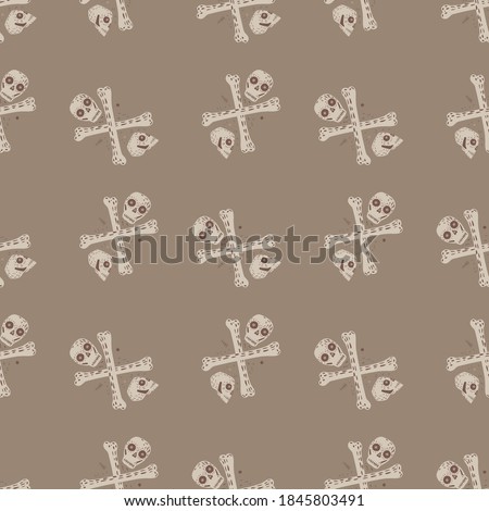 Pirate seamless doodle pattern in pastel tones with skulls and bones. Death symbol print on beige background. Vector illustration for seasonal textile prints, fabric, banners, backdrops and wallpapers
