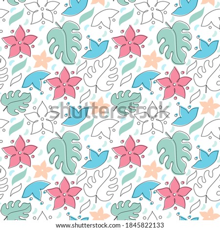 Seamless Pattern, Contour and Color Plant Elements, on White Background, in Lineart Style, Vector Illustration