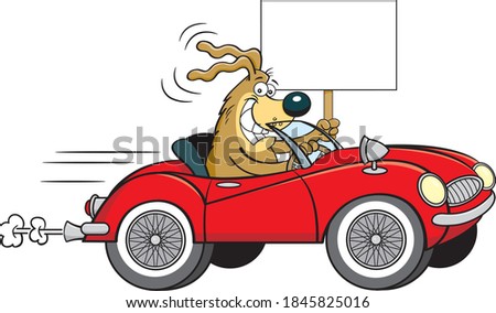 Cartoon illustration of a dog driving a convertible sports car with wire wheels while holding a sign.