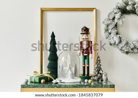 Christmas composition with beautiful decoration, christmas tree and wreath, deer, gifts and accessories in modern home decor. Template. 