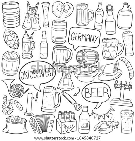 Oktoberfest Beers doodle icon set. Germany Vector illustration collection. Banner Hand drawn Line art style.