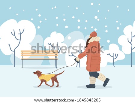 Active people in winter city park. Winter time. Girl walks with dog in winter city park. Outdoor winter activities and sport cartoon vector illustration
