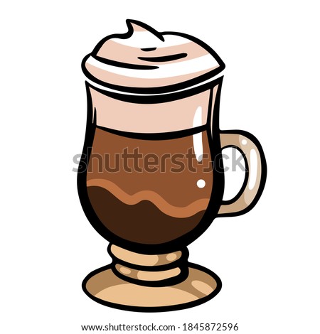 Illustration of hand-drawn vector colorful coffee glace. Illustration in vintage colorful style. Outline ink style sketch. Isolated on white background.Can use in interior or decoration of cafe, menu.