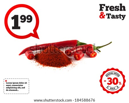 Sliced red chili hot pepper with hill of sweet paprika on white background. Isolated healthy vegetable.