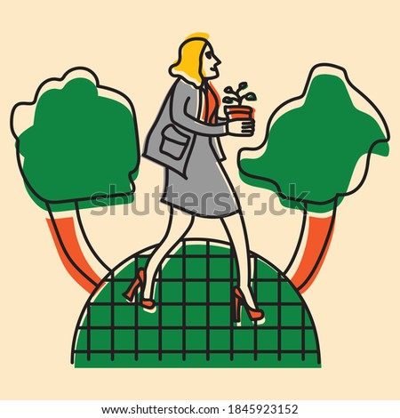 woman in suit holding bush in her hands and walking the Earth illustration