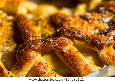 Close up photo with selective focus on details of salt and poppy seeds over a braided puff pastry.